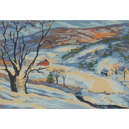 1418 - Harry Shokler - Winter landscape, pencil signed serigraph in colour, mounted and framed, 16cm x 11.5... 