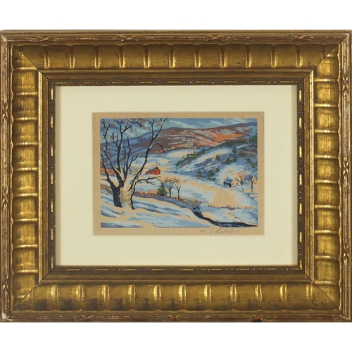 1418 - Harry Shokler - Winter landscape, pencil signed serigraph in colour, mounted and framed, 16cm x 11.5... 