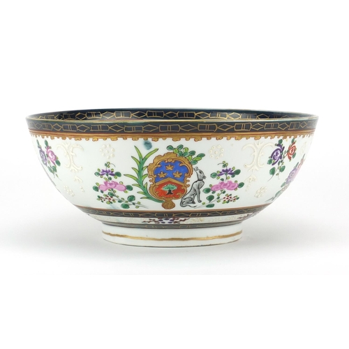 721 - Samson porcelain footed bowl, hand painted with an armorial crest and flowers, 25cm in diameter