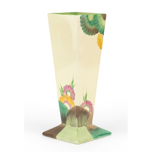 755 - Clarice Cliff Bizarre vase with square tapering body, hand painted in the Viscaria pattern, factory ... 