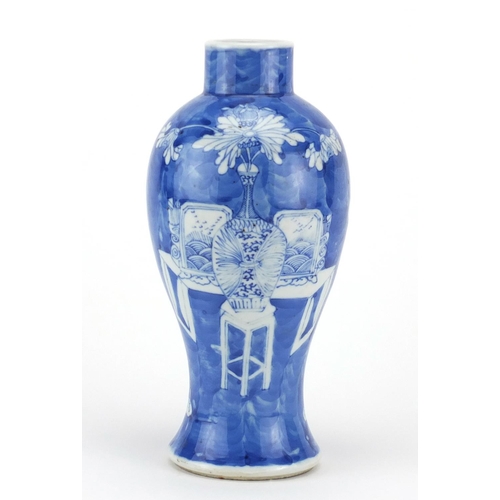 469 - Chinese blue and white porcelain baluster vase, hand painted with still life, four figure character ... 