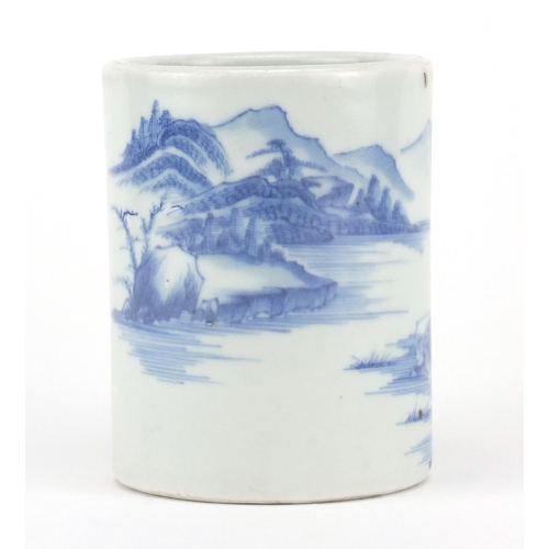 449 - Chinese blue and white porcelain cylindrical brush pot, hand painted with a fisherman in a continuou... 