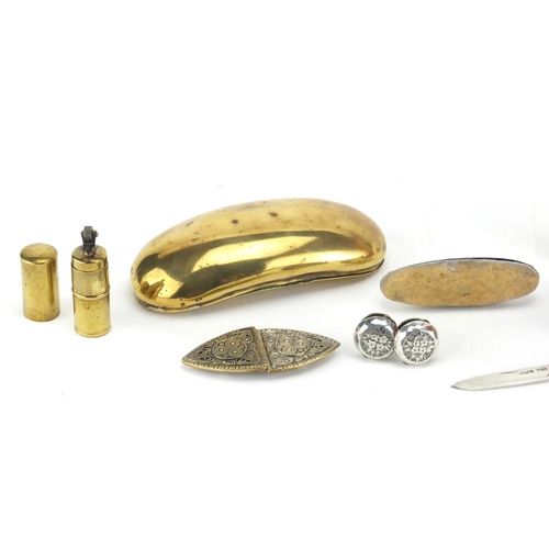 60 - Antique and later objects including a pair of embossed silver buttons, brass snuff box, German two p... 