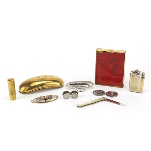 60 - Antique and later objects including a pair of embossed silver buttons, brass snuff box, German two p... 