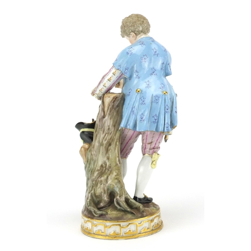 708 - 19th century Meissen hand painted porcelain figure of a young male splicing a branch to a tree, blue... 