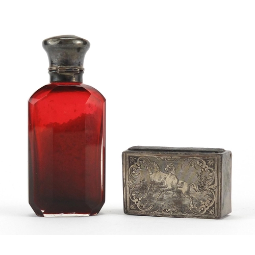 57 - Victorian silver mounted ruby glass scent bottle and a silver coloured metal vesta engraved with a f... 