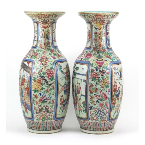 399 - Large pair of Chinese Canton porcelain vases with twin handles, each hand painted in the famille ros... 