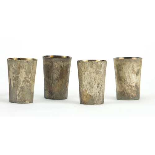 879 - Set of six silver beakers with gilt interiors, each stamped 800 S J ?, housed in a fitted box, 4.1cm... 