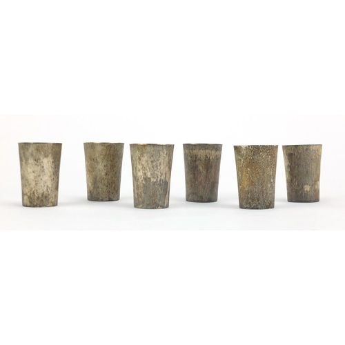 879 - Set of six silver beakers with gilt interiors, each stamped 800 S J ?, housed in a fitted box, 4.1cm... 