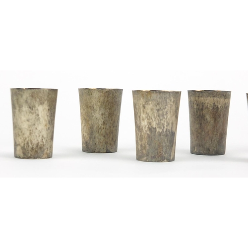 879 - Set of six silver beakers with gilt interiors, each stamped 800 S J ?, housed in a fitted box, 4.1cm... 