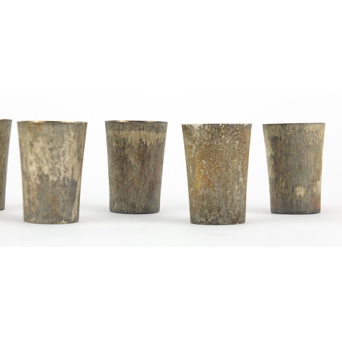 879 - Set of six silver beakers with gilt interiors, each stamped 800 S J ?, housed in a fitted box, 4.1cm... 