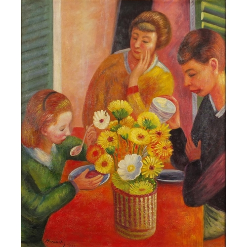 35 - Family seated around a table, oil on canvas laid on board, bearing an indistinct signature possibly ... 