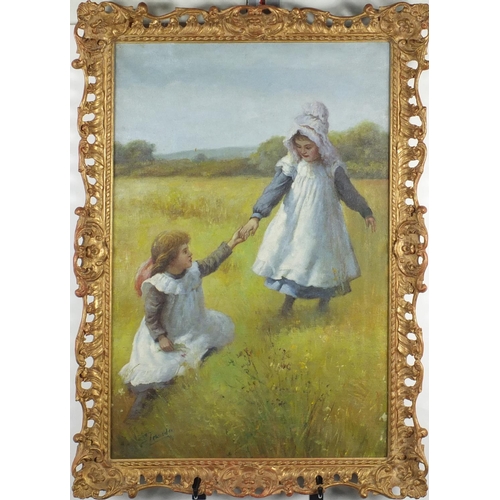 2628 - Two young girls in a field holding hands, impressionist school oil on canvas, bearing an indistinct ... 