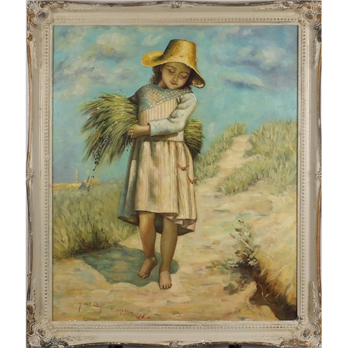 2580 - Young girl carrying wheat, Italian school oil on board, bearing an indistinct signature possibly M D... 