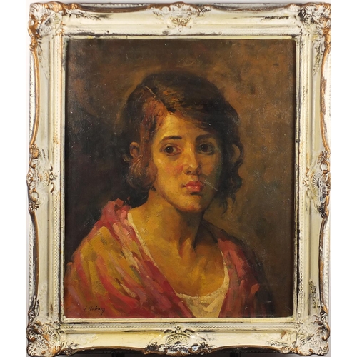 2581 - Portrait of a young girl, Russian school oil on board, bearing a signature possibly Horlomaff and in... 