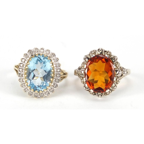 3068 - 9ct gold blue stone and diamond ring and an unmarked silver citrine and marcasite ring, size R, appr... 