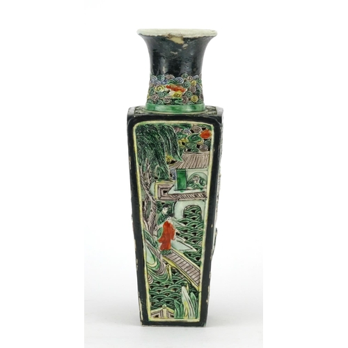 425 - Chinese porcelain famille verte vase with square tapering body, pierced and decorated in relief with... 