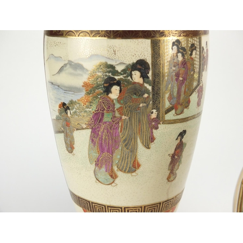 510 - Large pair of Japanese Satsuma pottery vases and a bowl, each hand painted with Geisha's in a landsc... 