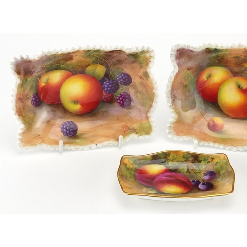 695 - Two pieces of Royal Worcester porcelain and a pair of dishes hand painted with fruit by A Shuck, the... 