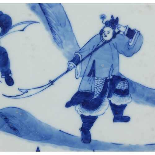 448 - Chinese blue and white porcelain panel hand painted with warriors, 23.5cm x 23.5cm