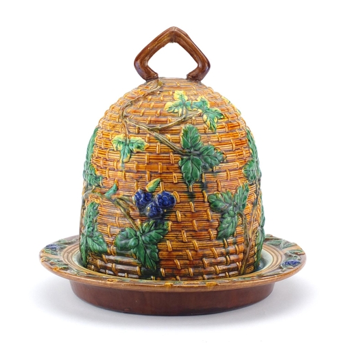 700 - Victorian Majolica pottery bee hive cheese dome on stand, possibly by Minton, decorated with leaves ... 