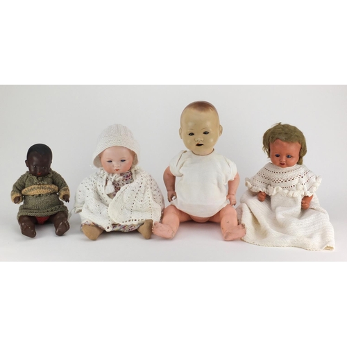 149 - Four antique dolls including two with bisque heads comprising Armand Marseille and a black Heinrich ... 