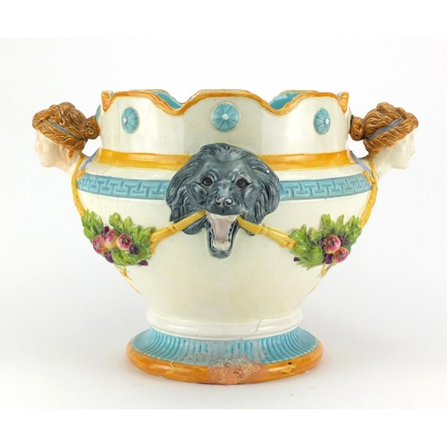 699 - Victorian Majolica jardinière by Wedgwood, decorated with maiden heads, lion masks and swags of frui... 