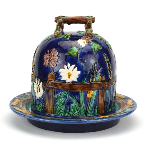 701 - Victorian Majolica cheese dome on stand in the style of George Jones, decorated with daisies around ... 