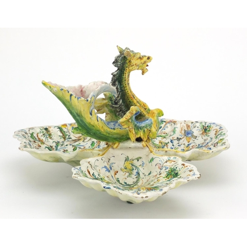 731 - 19th century Italian Majolica trefoil dish, mounted with a dragon by Angelo Minghetti, hand painted ... 