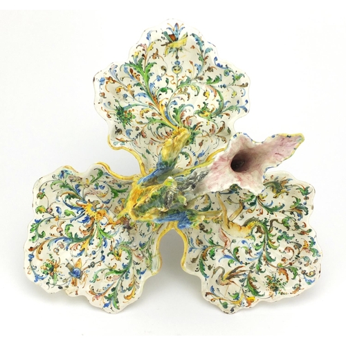 731 - 19th century Italian Majolica trefoil dish, mounted with a dragon by Angelo Minghetti, hand painted ... 