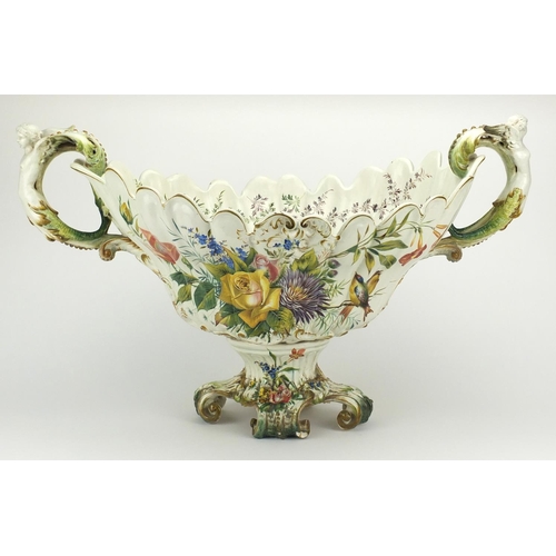 732 - Large 19th century Italian Majolica centre piece with twin mermaid handles by Gian Battista Bier, ha... 