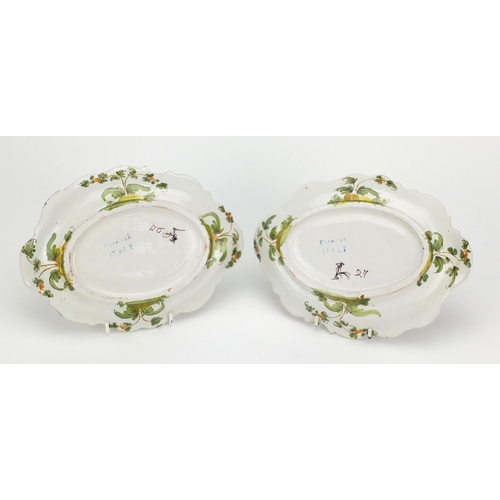 729 - Pair of Italian Majolica pottery dishes by Cantagalli, hand painted with flowers, painted marks to t... 