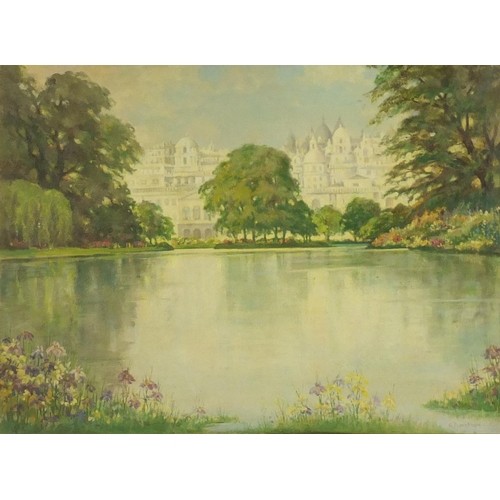 1253 - G Davidson - Lake before a palace, oil on board, label verso, mounted and framed, 60.5cm x 45cm
