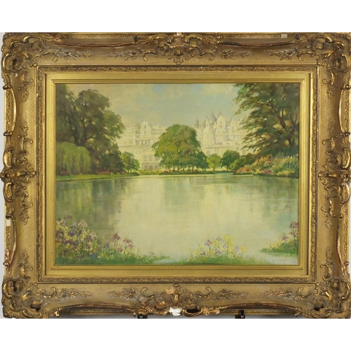 1253 - G Davidson - Lake before a palace, oil on board, label verso, mounted and framed, 60.5cm x 45cm