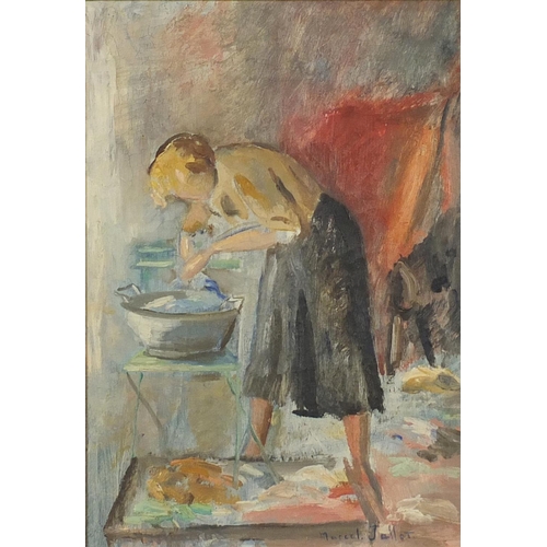 1274 - Marcel Jallot - Female washing in an interior, oil on canvas, mounted and framed, 44.5cm x 31cm