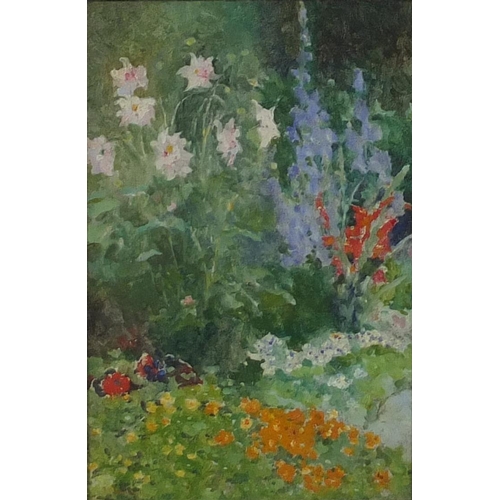 1294 - David Woodlock - Garden of flowers, oil, stamp and label verso, mounted and framed 22cm x 14.5cm