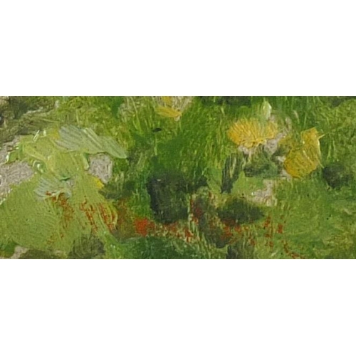 1294 - David Woodlock - Garden of flowers, oil, stamp and label verso, mounted and framed 22cm x 14.5cm