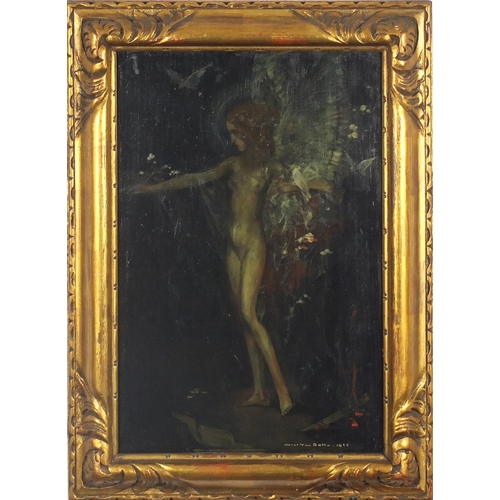 1265 - Karel Van Belle 1933 - Standing surreal nude female, oil on wood panel, framed, 51cm x 33cm