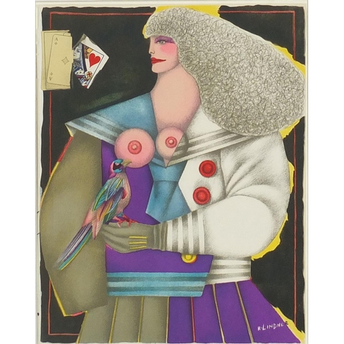 1404 - Richard Lindner - Lady and parrot, 1970's lithograph in colour, details verso, mounted and framed, 3... 