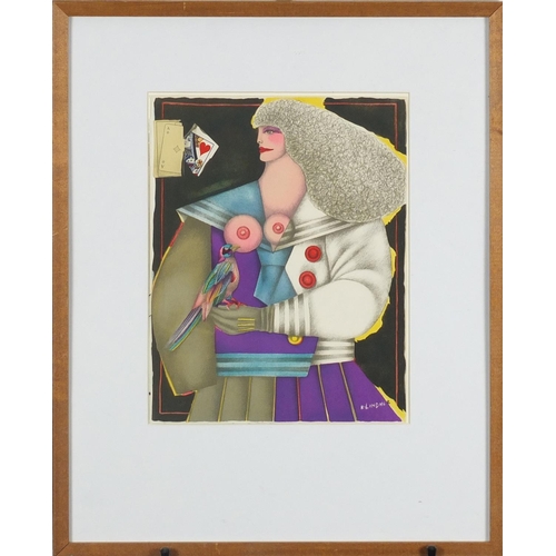 1404 - Richard Lindner - Lady and parrot, 1970's lithograph in colour, details verso, mounted and framed, 3... 