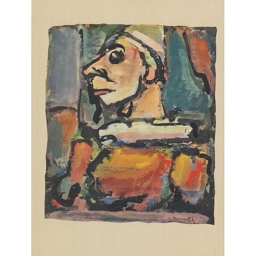 1405 - Georges Rouault - Portrait of a clown , 1940's photogravure print in colour, details verso,  mounted... 