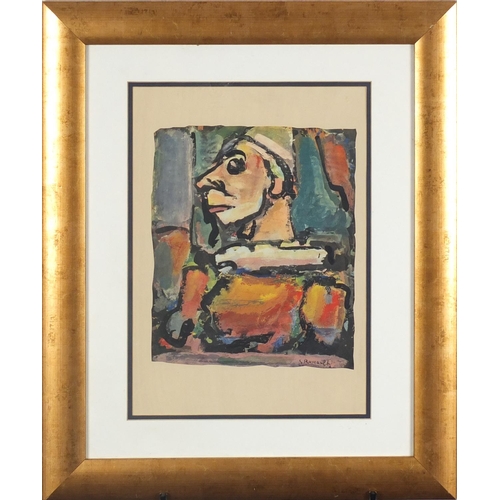 1405 - Georges Rouault - Portrait of a clown , 1940's photogravure print in colour, details verso,  mounted... 