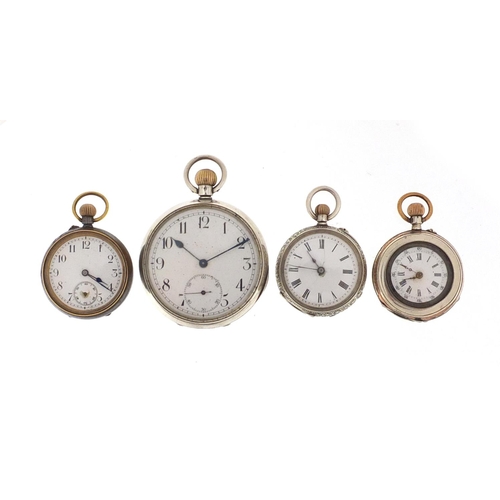 1146 - Three silver pocket watches and one gunmetal, each with enamelled dial, the largest 4.6cm in diamete... 