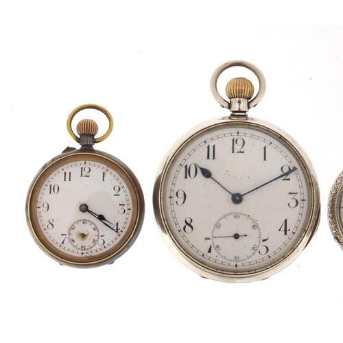 1146 - Three silver pocket watches and one gunmetal, each with enamelled dial, the largest 4.6cm in diamete... 