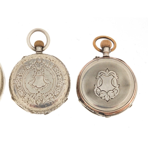 1146 - Three silver pocket watches and one gunmetal, each with enamelled dial, the largest 4.6cm in diamete... 