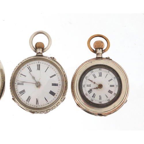 1146 - Three silver pocket watches and one gunmetal, each with enamelled dial, the largest 4.6cm in diamete... 