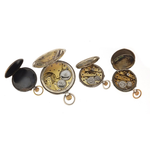 1146 - Three silver pocket watches and one gunmetal, each with enamelled dial, the largest 4.6cm in diamete... 