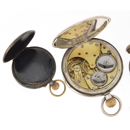 1146 - Three silver pocket watches and one gunmetal, each with enamelled dial, the largest 4.6cm in diamete... 