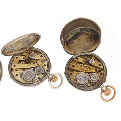 1146 - Three silver pocket watches and one gunmetal, each with enamelled dial, the largest 4.6cm in diamete... 