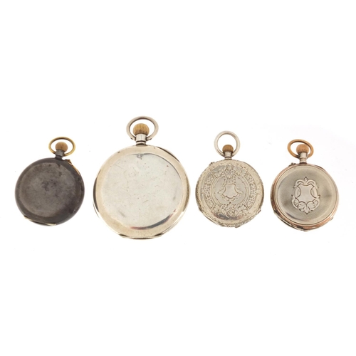 1146 - Three silver pocket watches and one gunmetal, each with enamelled dial, the largest 4.6cm in diamete... 